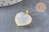 Pendentif coeur gravé pierre naturelle rose naturel argent 925 doré 18K 14mm, x1 (G10843)