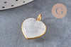 Pendentif coeur gravé pierre naturelle rose naturel argent 925 doré 18K 14mm, x1 (G10843)
