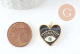 Pendentif coeur laiton doré 18K émail noir 19mm, x1 (G5017)