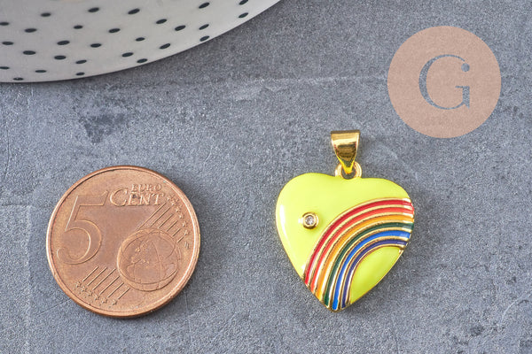 Pendentif coeur laiton doré 18K émaillé arc-en-ciel,21mm, x1 (G4649)