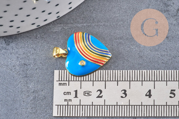 Pendentif coeur laiton doré 18K émaillé arc-en-ciel,21mm, x1 (G4649)