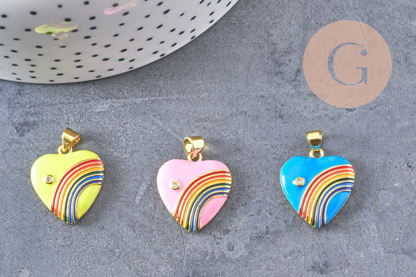 Pendentif coeur laiton doré 18K émaillé arc-en-ciel,21mm, x1 (G4649)