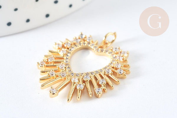 Pendentif cœur laiton doré et cristal zircon anneau jonction 32mm, x1 (G7382)