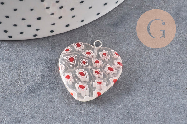 Pendentif cœur millefiori verre murano 27mm, x1 (G7143)