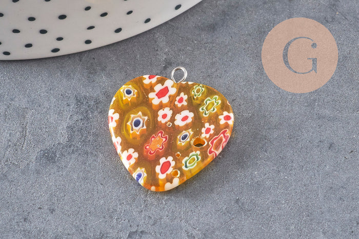 Pendentif cœur millefiori verre murano 27mm, x1 (G7143)