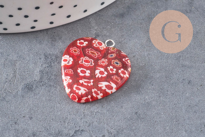 Pendentif cœur millefiori verre murano 27mm, x1 (G7143)