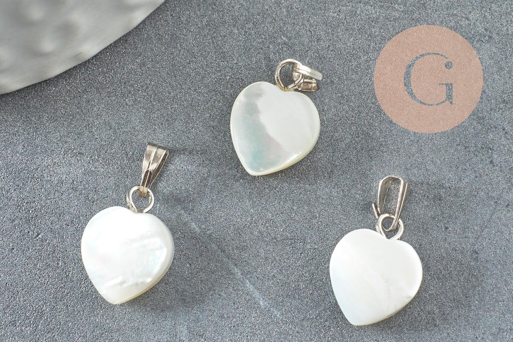Pendentif coeur nacre blanche naturelle laiton platine 12-13mm, x2 ou x5 (G3993)
