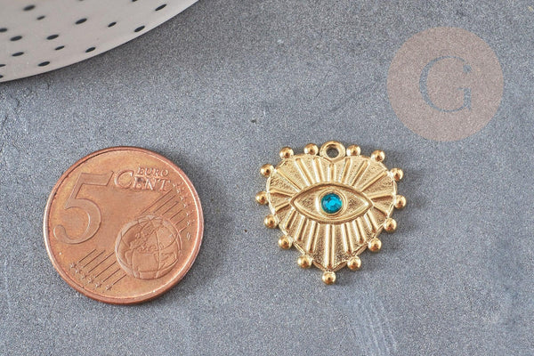 Pendentif coeur oeil acier doré inoxydable zircon vert 19.5mm, un joli pendentif pour la création de bijoux DIY, x1,G6032