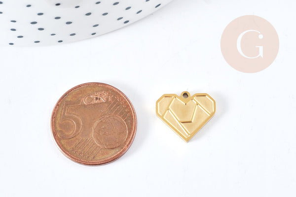 Pendentif coeur origami acier 201 doré 18K inoxydable IP 15mm, x1 (G8785)