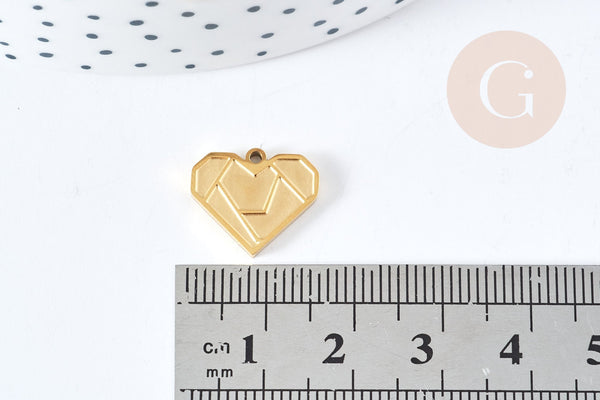 Pendentif coeur origami acier 201 doré 18K inoxydable IP 15mm, x1 (G8785)