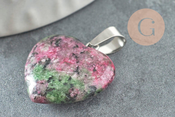 Pendentif coeur rubis zoisite naturel laiton platine 22mm, x1 (G2580)