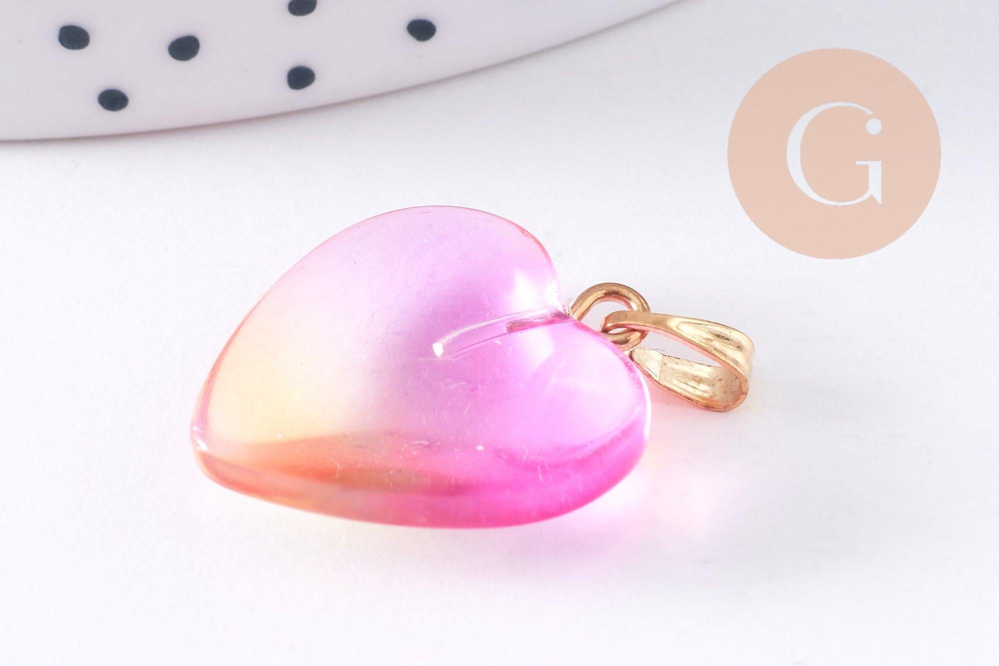 Pendentif coeur verre rose jaune transparent fer doré 22mm, x1 (G10621)