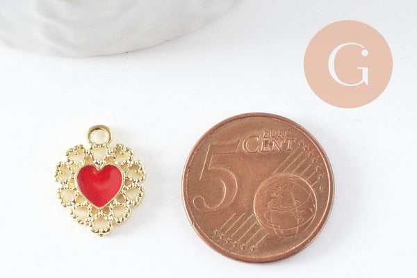 Pendentif coeur zamac doré émail rouge 16mm, création bijou coeur et amour, un bijou en dentelle dorée x2 (G4221)