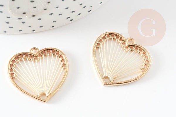 Pendentif coeur zamac doré tissé coton blanc 26.5mm, sans nickel, perle géométrique, x2 (G3767)