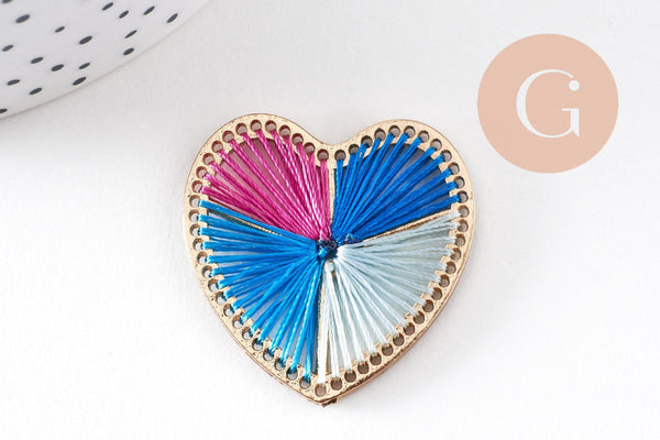 Pendentif coeur zamac doré tissé fil multicolore 26.5mm, x1 (G5843)