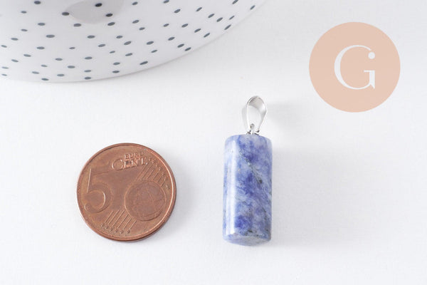 Pendentif colone jaspe bleu naturel acier inoxydable platine 25mm, x1 (G10075)