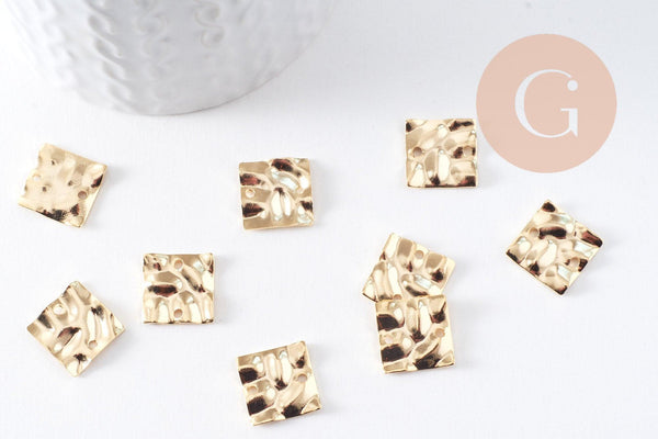 Pendentif connecteur carré froissé laiton doré 24K 13.5mm, x2 (G10378)