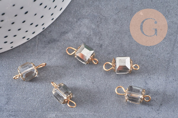 Pendentif connecteur carré verre gris support doré,pendentif cristal, pendentif doré cristal, création bijoux,16mm, les 10 G4527
