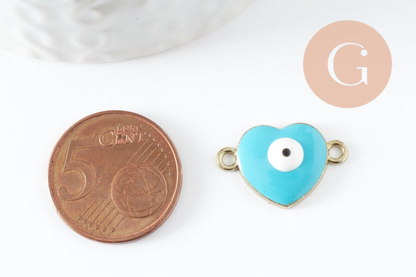Pendentif connecteur coeur oeil protecteur émail laiton doré 18K,pendentif laiton amour pour création bijoux,20.5mm, x2 (G4295)