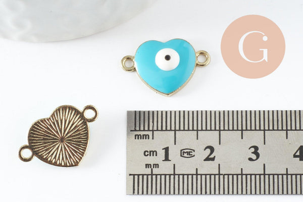 Pendentif connecteur coeur oeil protecteur émail laiton doré 18K,pendentif laiton amour pour création bijoux,20.5mm, x2 (G4295)