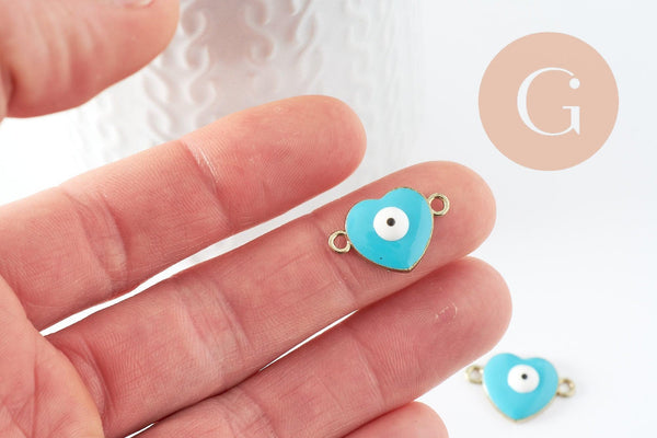 Pendentif connecteur coeur oeil protecteur émail laiton doré 18K,pendentif laiton amour pour création bijoux,20.5mm, x2 (G4295)