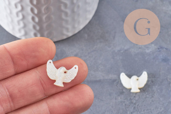 Pendentif connecteur colombe nacre blanche naturelle 18mm, x1 (G9928)