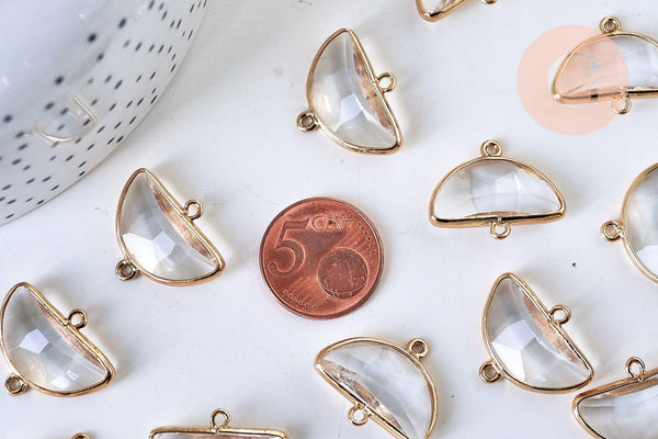 Pendentif connecteur demi-lune doré cristal transparent facettes,pendentif cristal, pendentif doré,création bijoux,24mm, x 2, G5584