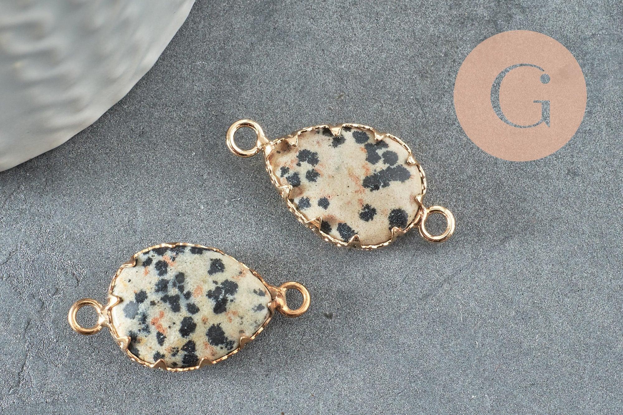 Pendentif connecteur jaspe dalmatien naturel laiton doré 27mm, x1 (G3795)