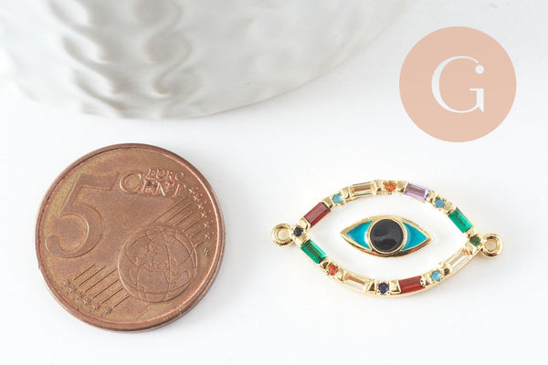 Pendentif connecteur oeil cristal zircon coloré,pendentif en laiton doré porte-bonheur contre mauvais oeil ,x 1 (G6395)