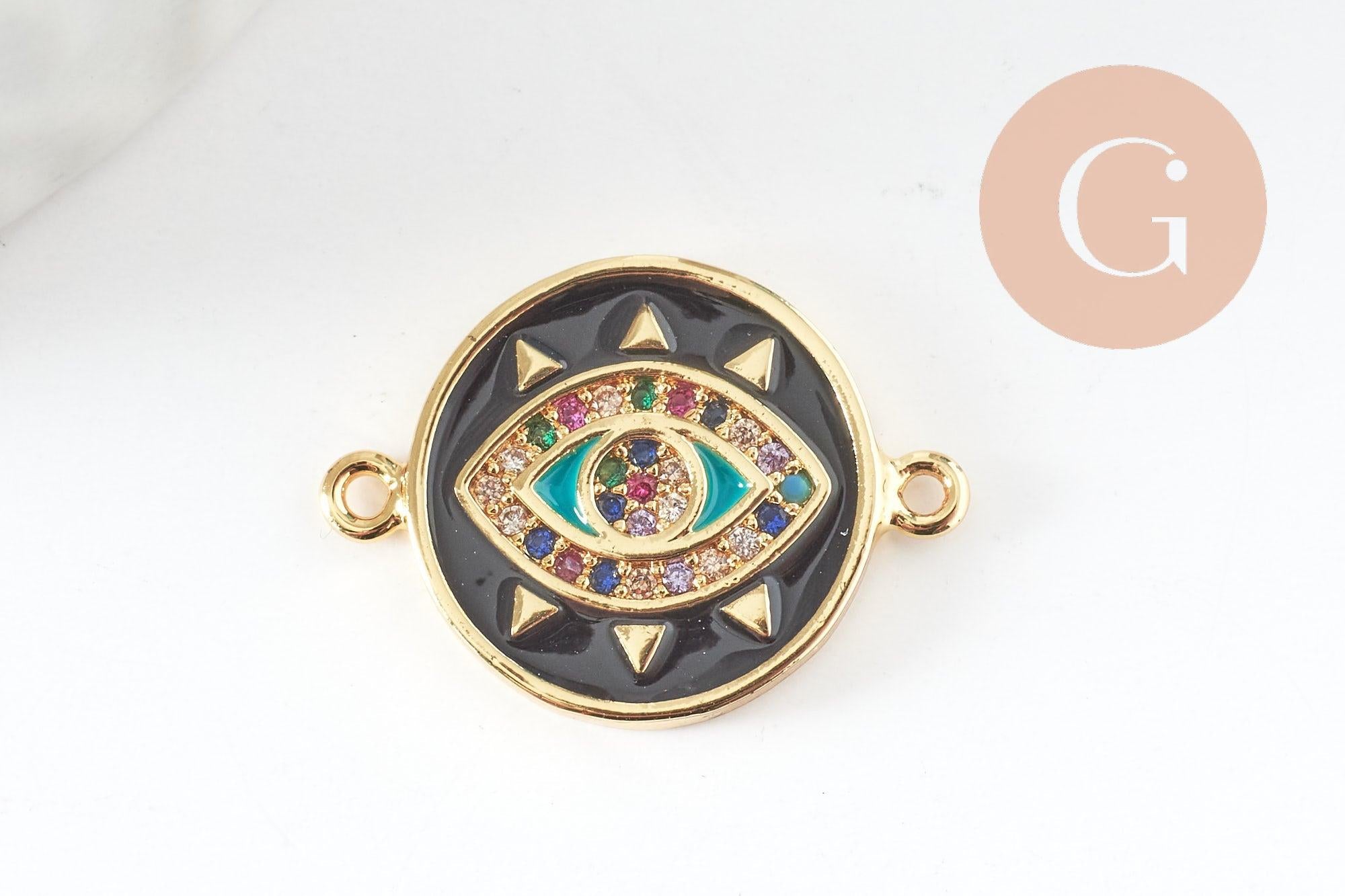 Pendentif connecteur oeil cristal zircon émail coloré,pendentif en laiton doré porte-bonheur contre mauvais oeil 20mm, x1 (G3575)