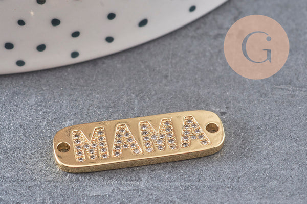 Pendentif connecteur plaque MAMA laiton doré 18k cristal,pendentif amour, Pendentif zircon,27mm, x1 (G2829)