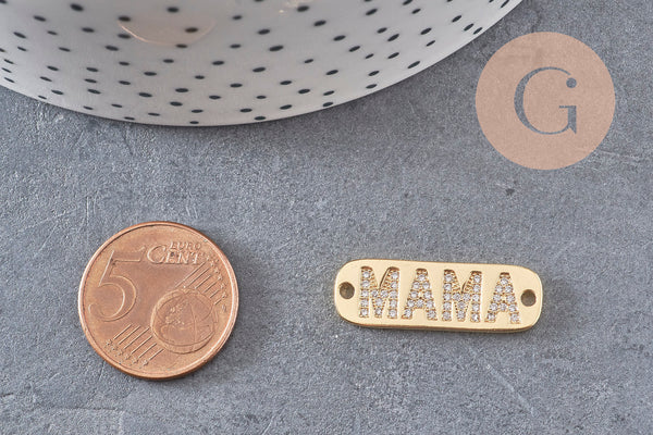 Pendentif connecteur plaque MAMA laiton doré 18k cristal,pendentif amour, Pendentif zircon,27mm, x1 (G2829)