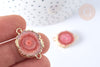 Pendentif connecteur plat rond quartz teinté rose laiton doré 24,5-33mm, pierre, x1 (G8042)