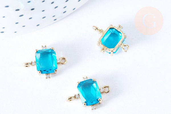 Pendentif connecteur rectangle cristal bleu transparent laiton doré 17.5mm, pendentif création bijoux, x1 (G6723)