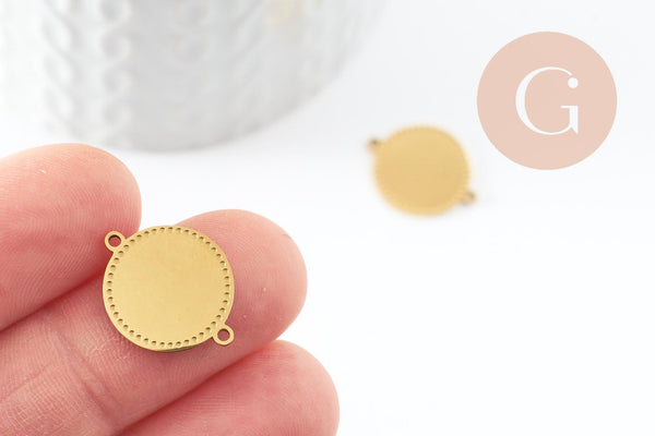 Pendentif connecteur rond acier 304 inoxydable doré motif pointillé 19mm, x1 (G10184)