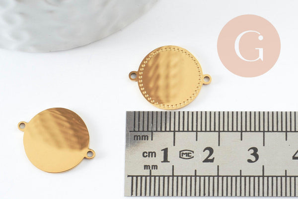 Pendentif connecteur rond acier 304 inoxydable doré motif pointillé 19mm, x1 (G10184)