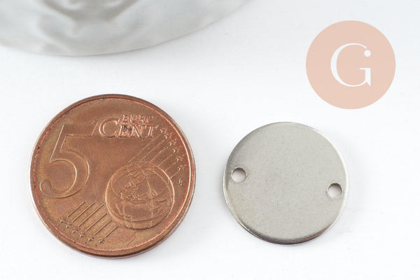 Pendentif connecteur rond acier platine 304 inoxydable 16mm, création bijoux acier inoxydable x5 G9583