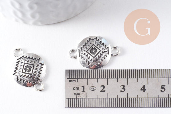 Pendentif connecteur rond zamac platine motif amérindien 26mm, x2 (G10417)