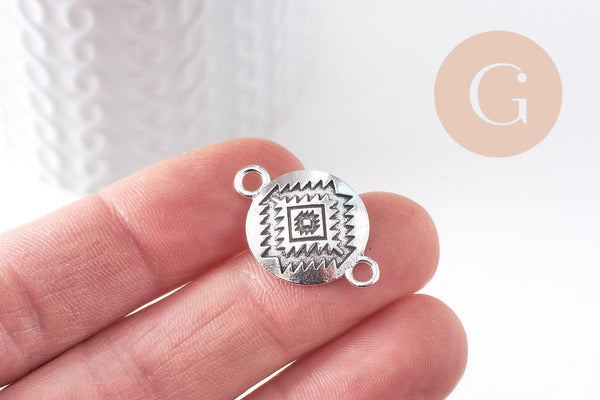 Pendentif connecteur rond zamac platine motif amérindien 26mm, x2 (G10417)