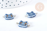 Pendentif connecteur tête de chat porcelaine bleu doré laiton platine 20mm, pendentif pour fabrication bijoux, x1 (G8496)