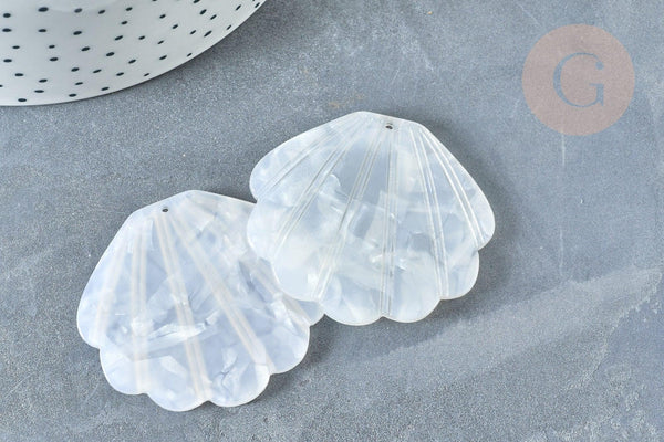 Pendentif coquillage acétate résine blanc nacré 45mm, x1 G8037