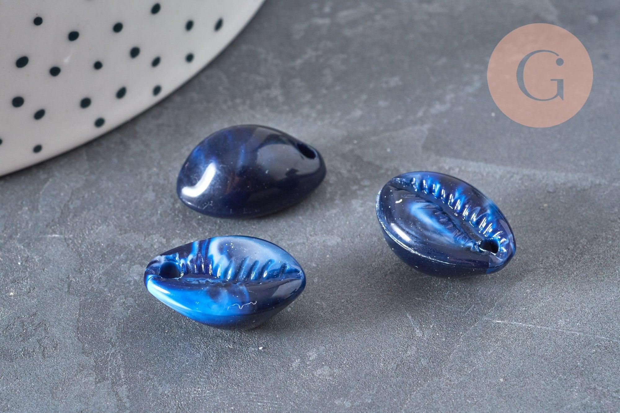 Pendentif coquillage cauri acrylique bleu marbré 19mm, x10 (G1280)