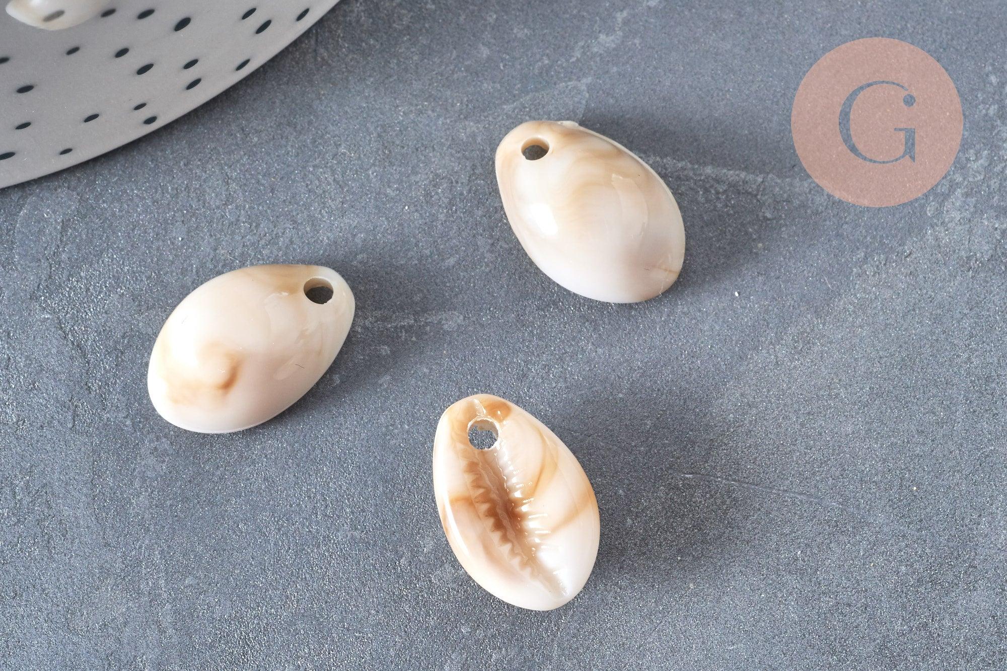 Pendentif coquillage cauri acrylique beige marbré 19mm, x10 (G5488)