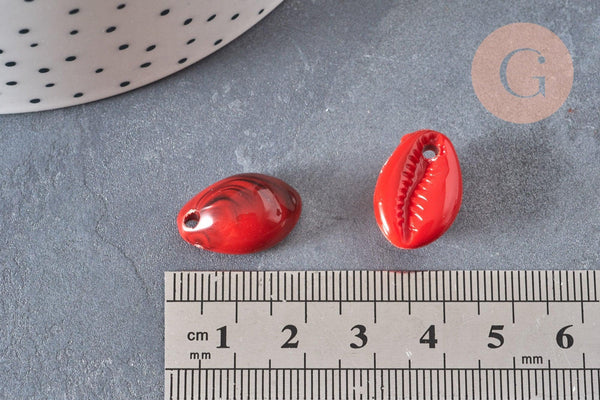 Pendentif coquillage cauri acrylique rouge marbré 19mm, x10 (G1718)