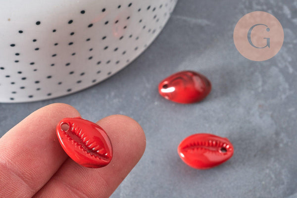 Pendentif coquillage cauri acrylique rouge marbré 19mm, x10 (G1718)