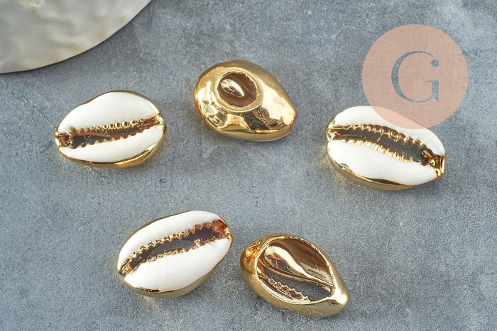 Pendentif coquillage cauri naturel doré resine blanche 19mm,création bijoux coquillage x5 (G0369)