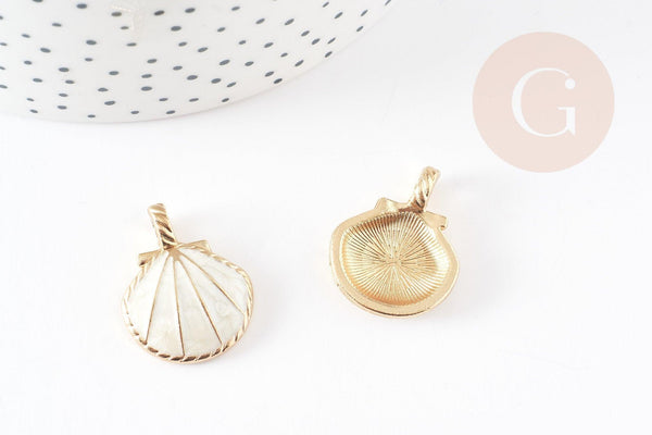 Pendentif coquillage zamac doré blanc 24.5mm, pendentif création bijoux DIY x2 (G7045)