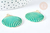 Pendentif coquillage zamac doré bleu turquoise 35,5mm, thème plage vacances, x1 G7438
