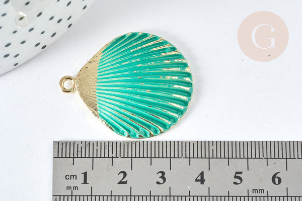 Pendentif coquillage zamac doré bleu turquoise 35,5mm, thème plage vacances, x1 G7438