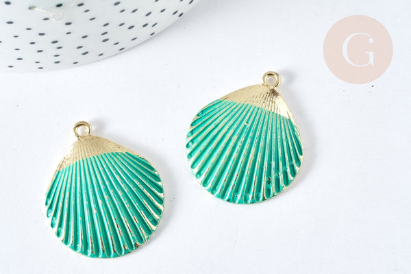 Pendentif coquillage zamac doré bleu turquoise 35,5mm, thème plage vacances, x1 G7438